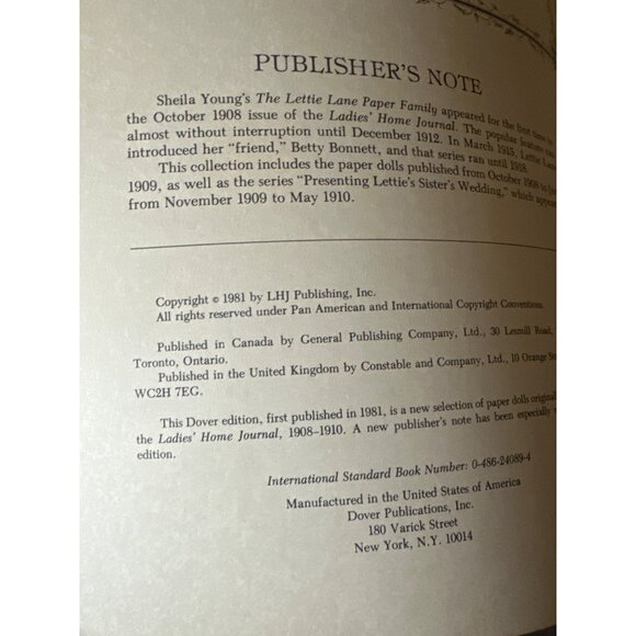 Lettie Lane Antique Paper Dolls Repro  Book Sheila Young Full-Color 24 Designs - Picture 2 of 7